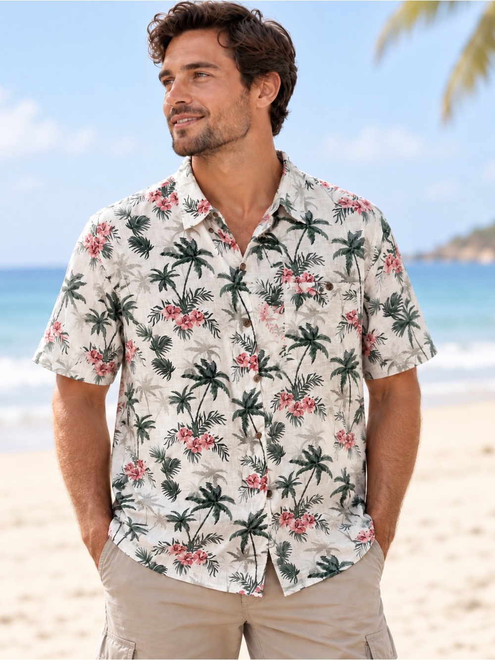 Men’s XL Tropical Hawaiian Shirt Palm Tree Hibiscus 100% Cotton Button Up